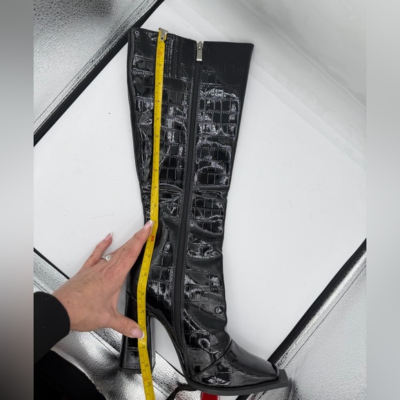 Princess Polly Black Croc Patent Knee High Boots Square Toe Block Heel Size 6 - Picture 8 of 9